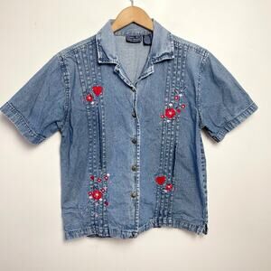 Vintage 90s Embroidered Denim Shirt Large Cotton Floral Cottagecore Whimsical